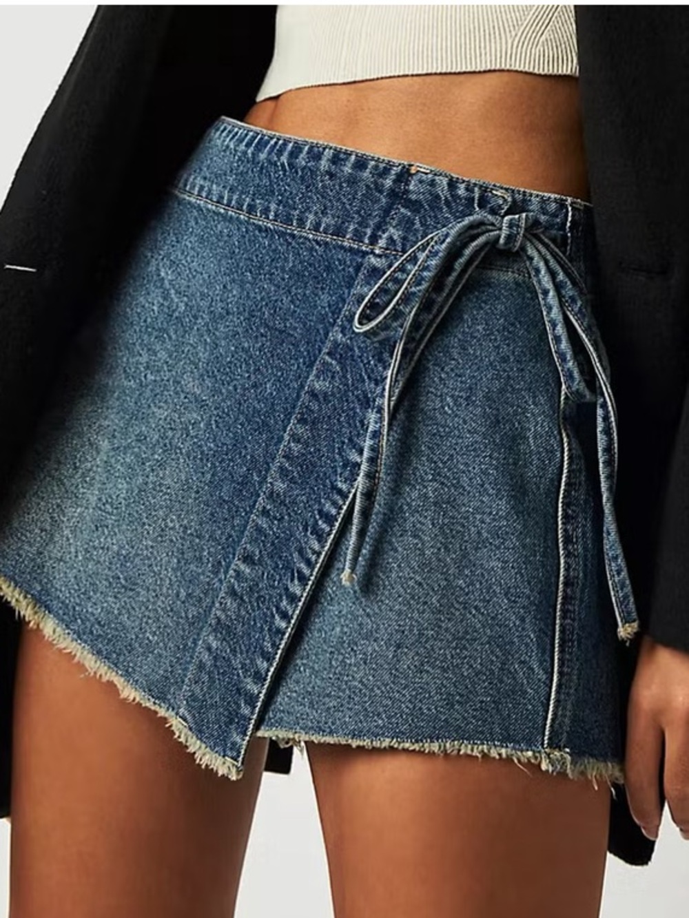 We The Free Dark Blue Denim Wrap Skort with Frayed Hem